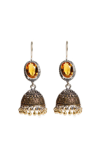 Yellow Stone Engraved Brass Jhumkas